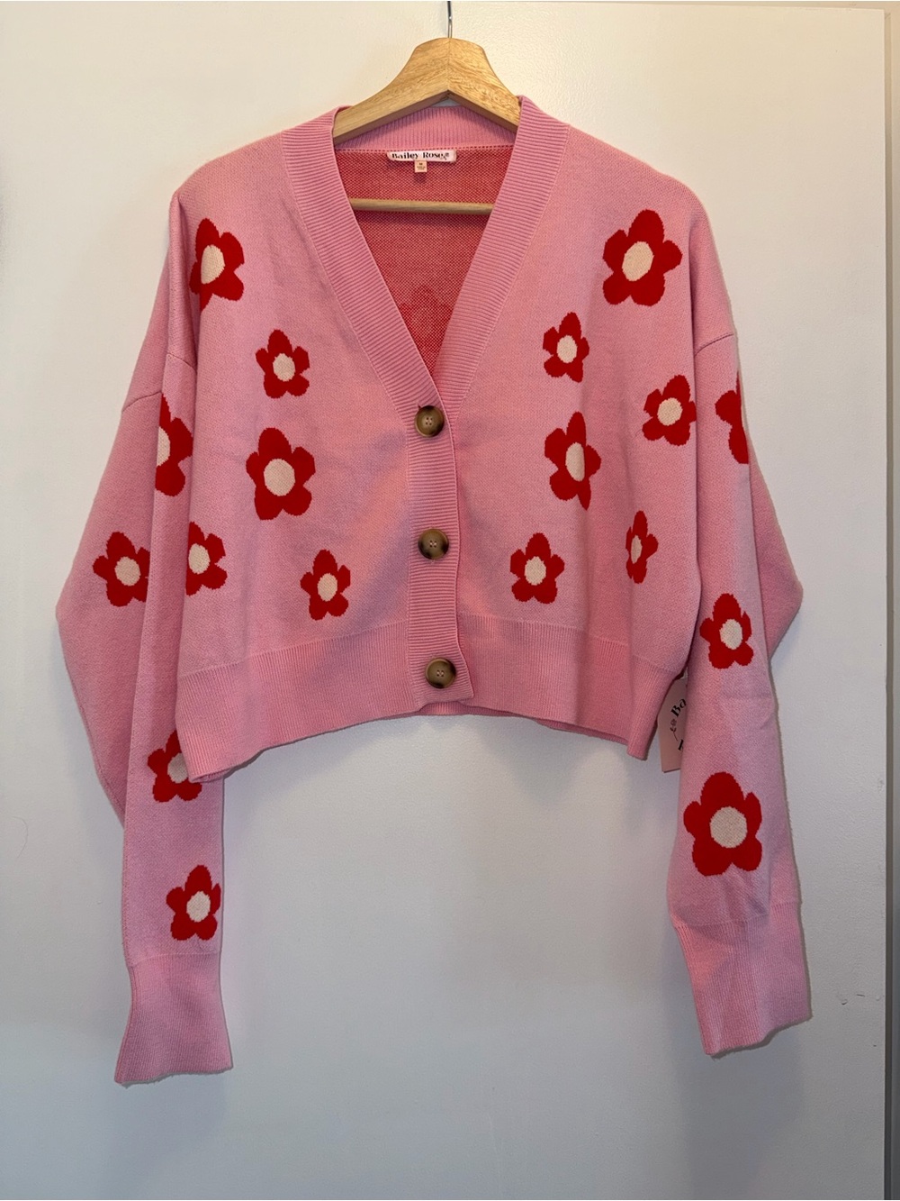Bailey Rose Pink Floral Cropped Cardigan with Red Daisy Motif Size Medium